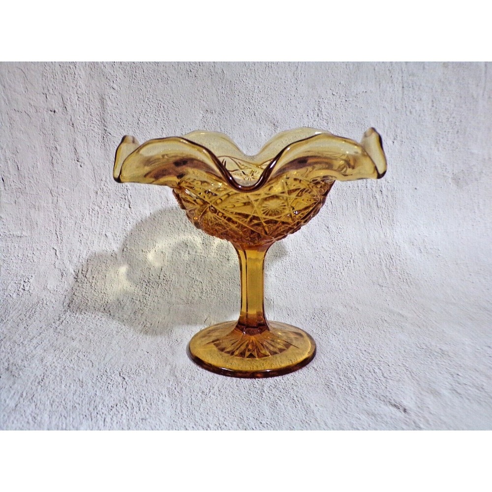 Vintage Amber Indiana Glass Pedestal Raised Floral Candy Dish w/Lacy Edges